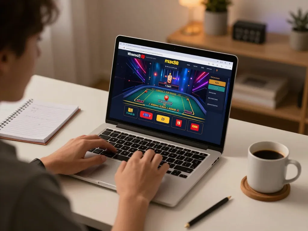 Engaging with max88 online casino on a laptop, showcasing strategic gameplay in a cozy atmosphere