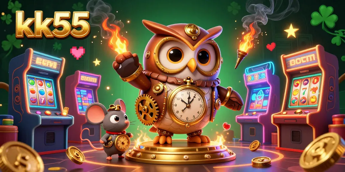 Join the fun at kk55, where a whimsical time-traveler owl meets vibrant casino adventures in 3D!