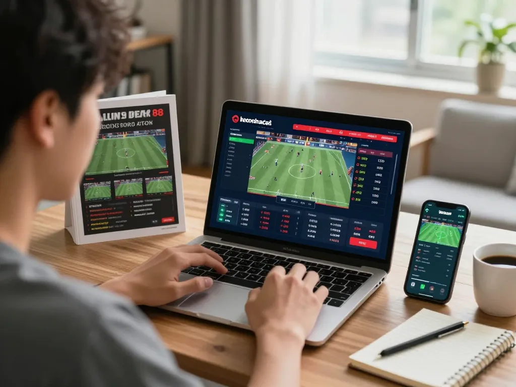 Engaging strategy session for keonhacai 88 sports betting with live event odds displayed on laptop.