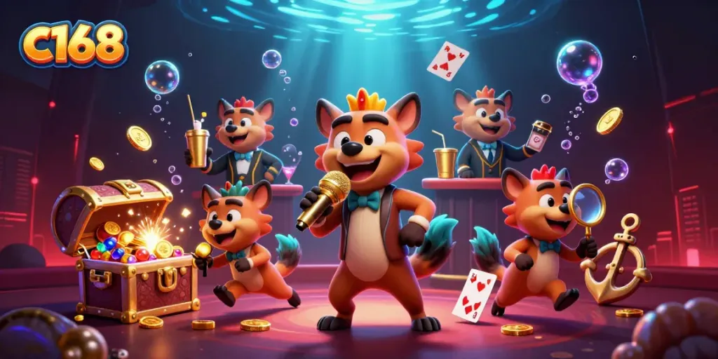 C168 casino hyenas entertain in a vibrant underwater comedy club, showcasing games and excitement.