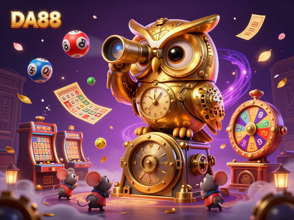 Experience the excitement of DA88 with a golden owl overseeing a vibrant casino scene full of games and energy.