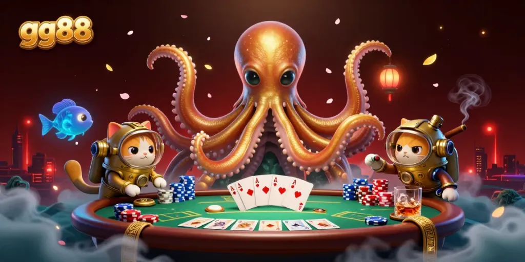 Engage with the thrilling action at gg88, featuring a vibrant kraken and vintage diving cat at a lively poker table.