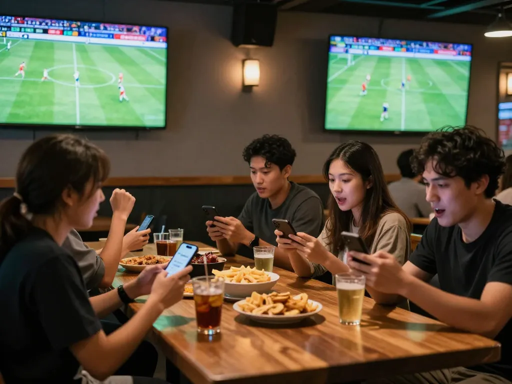 Socolive2 users enjoying live sports betting experience at a vibrant sports bar with friends and screens.