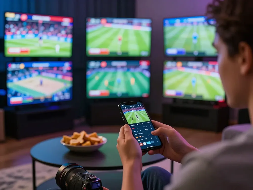 Excited user engaging in sports betting on smartphone, tracking ty le keo nha cai in a modern home setting.