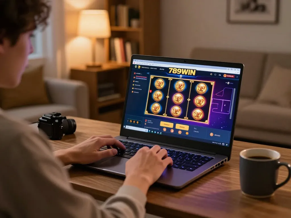 Engage with 789WIN casino on your laptop in a cozy home setting, illustrating comfortable online gambling.