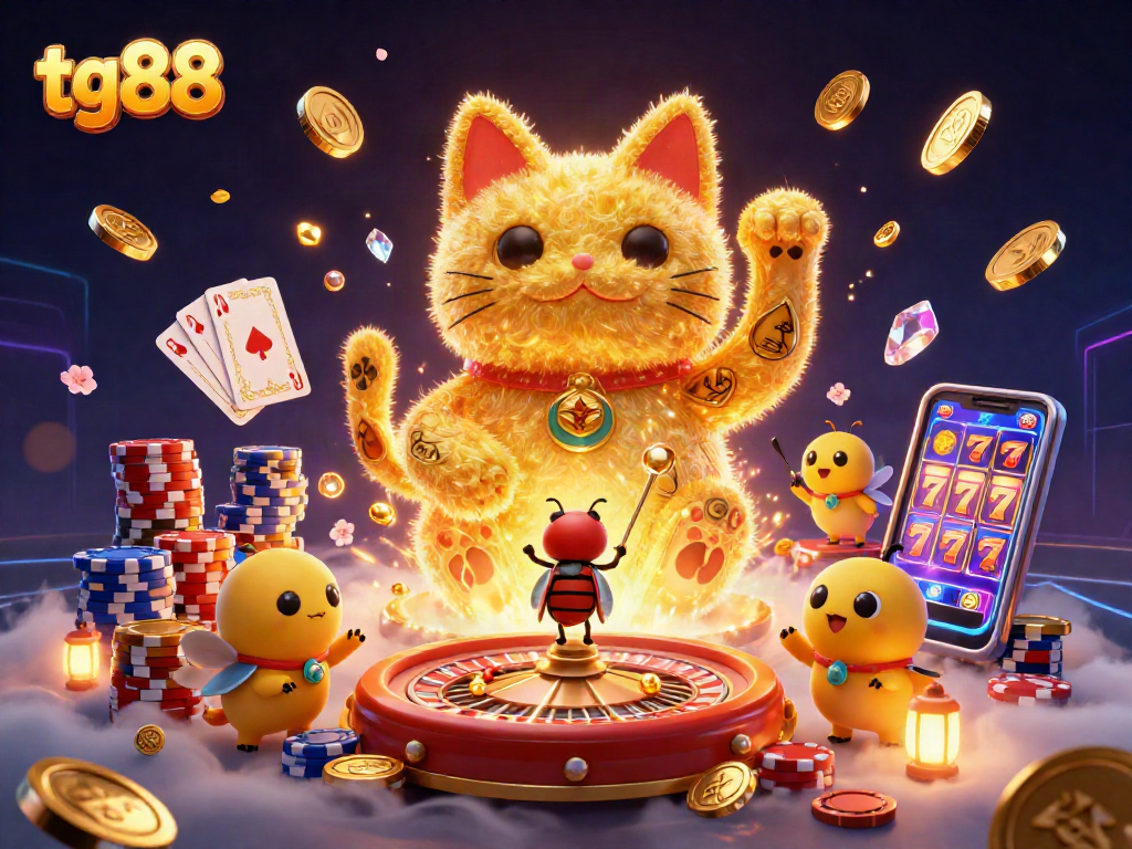 Experience the excitement of tg88 online casino with vibrant 3D elements like lucky cats and poker chips.
