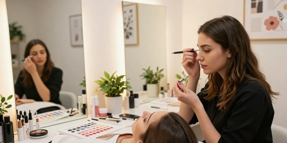Permanente make-up wenkbrauwen applicatie in een helder schoonheidssalon met een bekwame schoonheidsspecialiste.