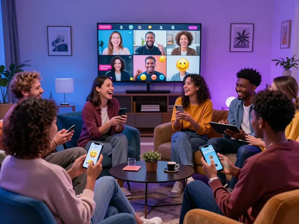 Engaging scene of adults enjoying sex chat online in a vibrant living room, showcasing digital interactions.