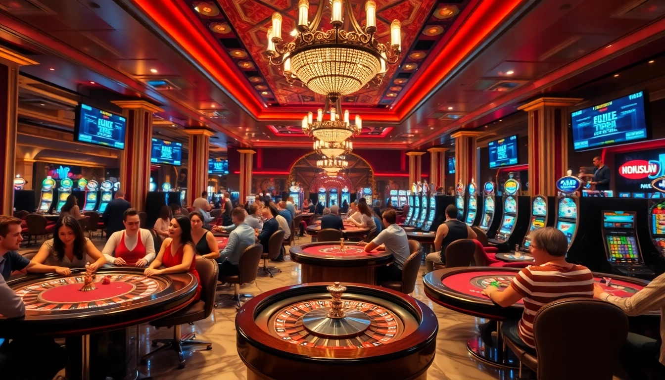 Dynamic gameplay at a casino inspired by https://nohu90s.it.com/ featuring vibrant slot machines and engaging players.