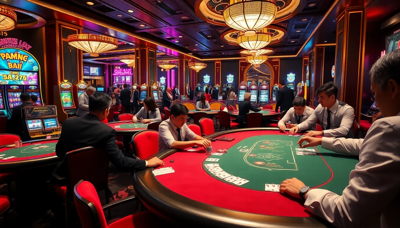 Intense game bài action at a vibrant casino table with players betting and enjoying high stakes.