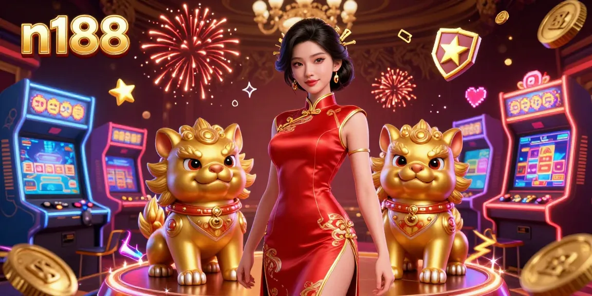 Engage with n188's vibrant gaming scene featuring a glamorous character among lively 3D casino elements.