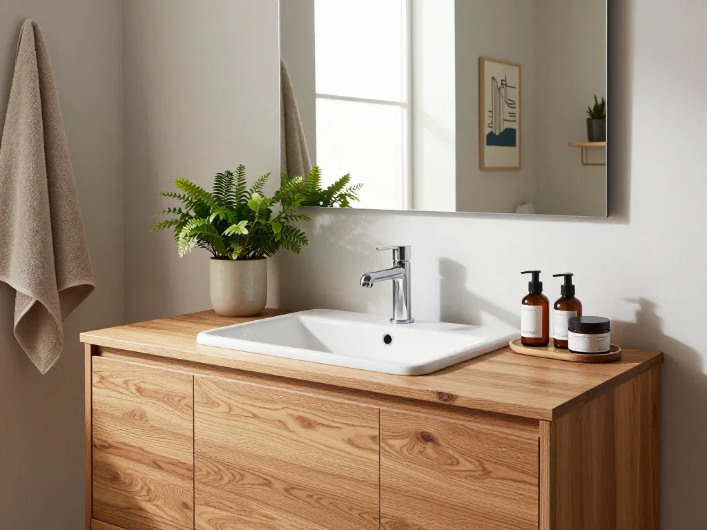 Stijlvolle eiken badkamer meubels in een serene badkameromgeving, met een natuurlijke eikenhouten wastafel.