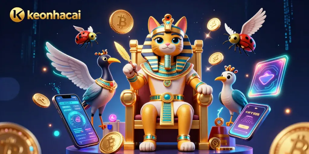 Engage in betting excitement with keonhacai featuring an Egyptian pharaoh cat amidst floating crypto coins.