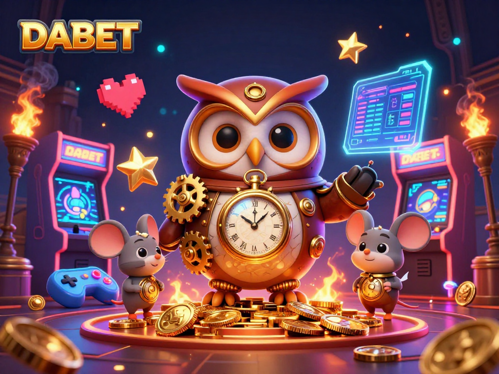 DABET casino experience with an owl and mouse in a dynamic steampunk gambling scene.