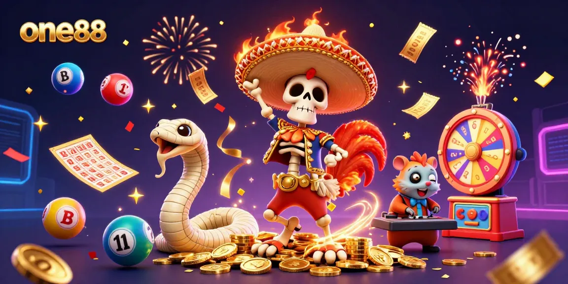 Experience the excitement of one88 with a victory dance scene featuring vibrant characters celebrating amidst golden treasures.