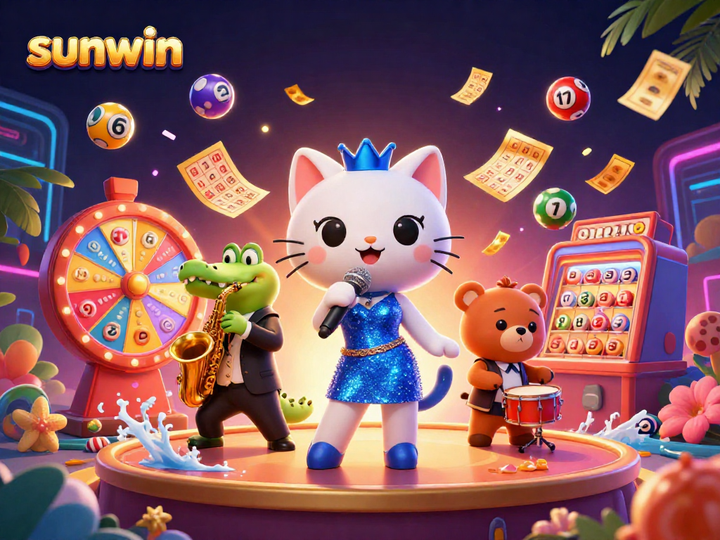 Experience excitement at sunwin with a lively casino scene of a jazz cat, saxophone croc, and drum bear.