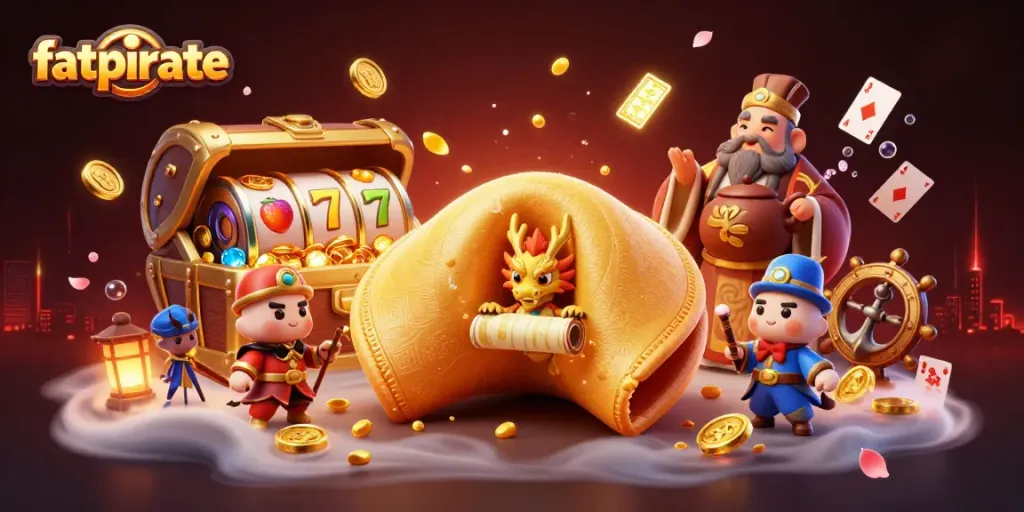 Engage with fatpirate's vibrant slots scene as a dragon reads fortunes among treasures.
