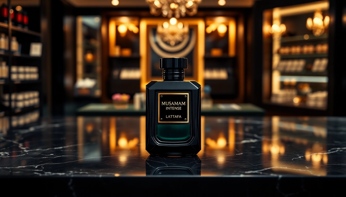Ontdek Musamam Black Intense by Lattafa, een geur in een luxe flacon op een marmeren oppervlak.