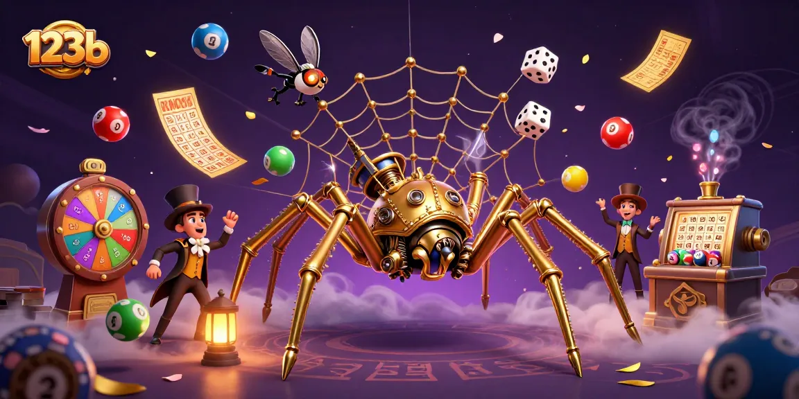 Experience dynamic gaming action with 123b's animated golden spider and vibrant lottery elements.