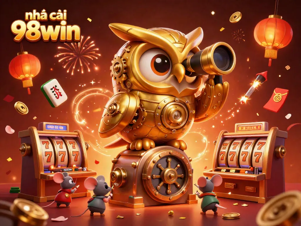 Experience the vibrant action at nhà cái 98win with a whimsical illustration of a golden owl and engaging casino elements.