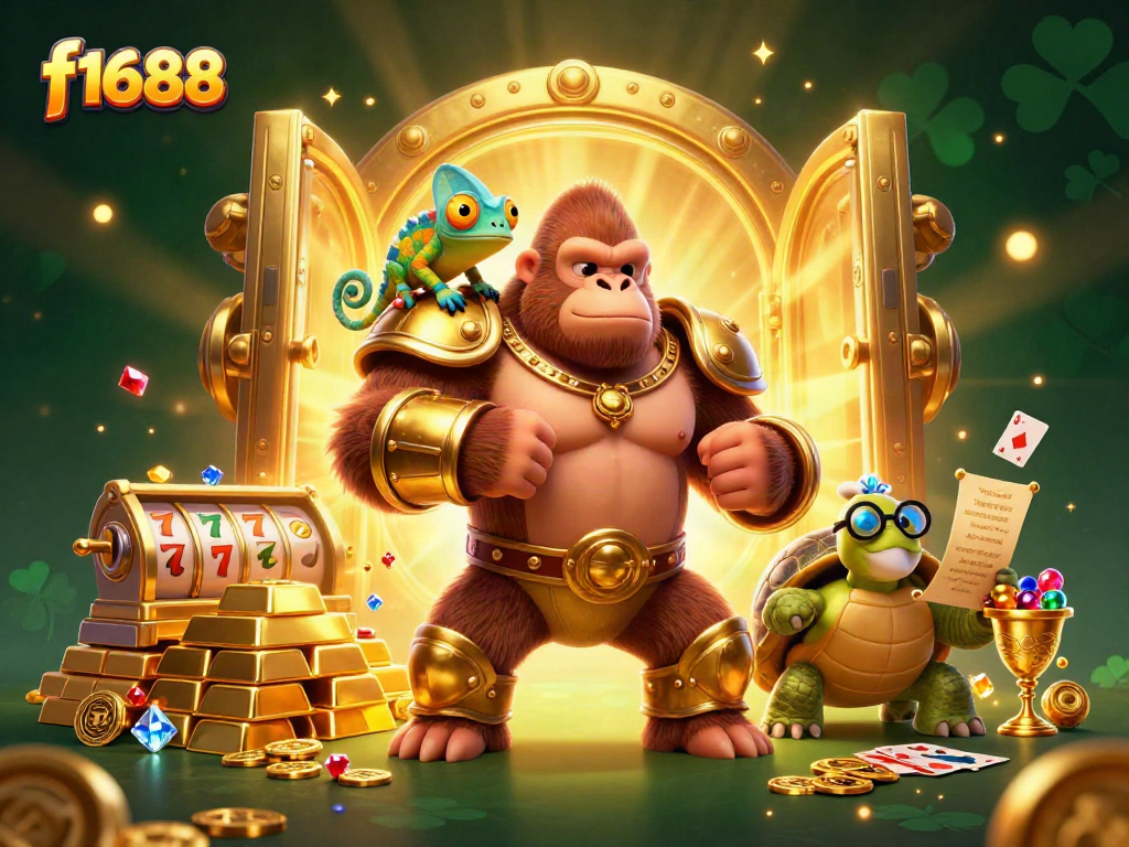 Playfully engaging with f1688, a gorilla king and companions embody casino excitement amidst treasures.