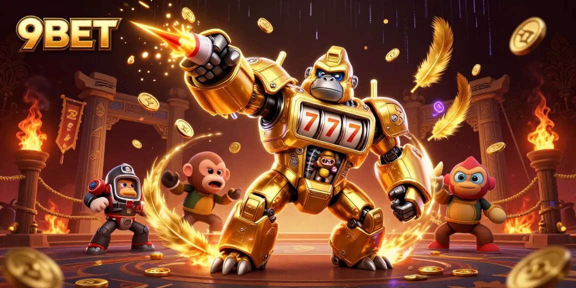 Experience thrilling wins at 9BET with dynamic 3D golden gorilla mech and captivating casino elements.