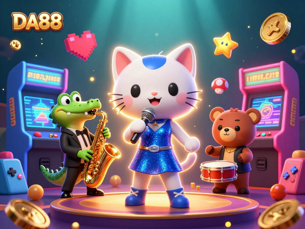 Engage with thrilling DA88 casino games featuring a vibrant 3D scene of a jazz-singer cat and friends.