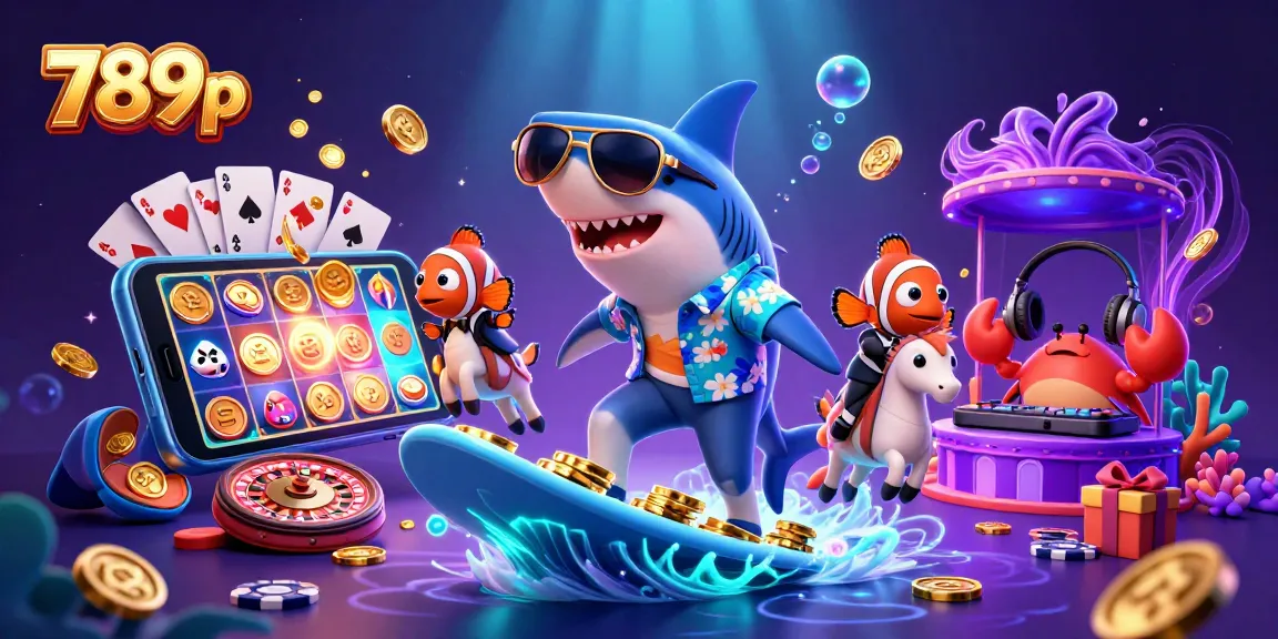 Experience the thrill of 789p with a shark surfing on gold coins, alongside vibrant gaming elements.