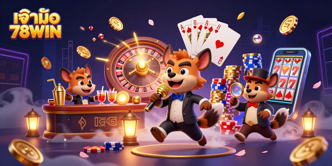 Engage with the vibrant casino scene featuring เจ้าของ 78WIN as hyenas run a comedy club, showcasing dynamic gaming excitement.