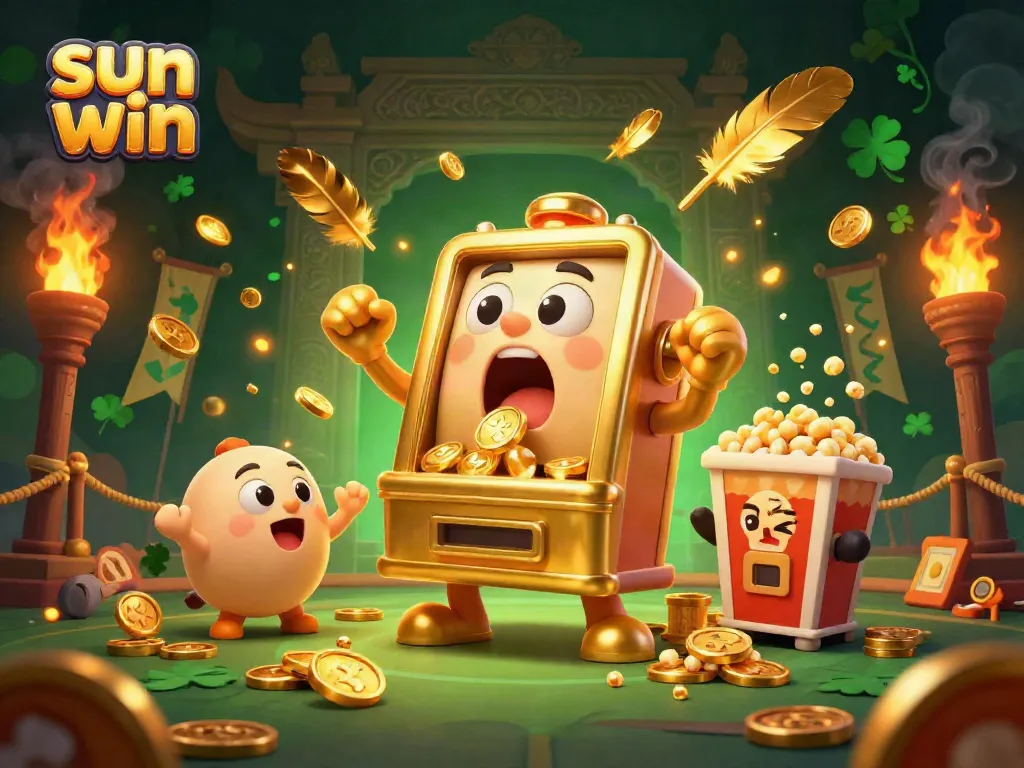 Experience thrilling wins with sun win in a vibrant casino world featuring golden slot machines celebrating jackpots.