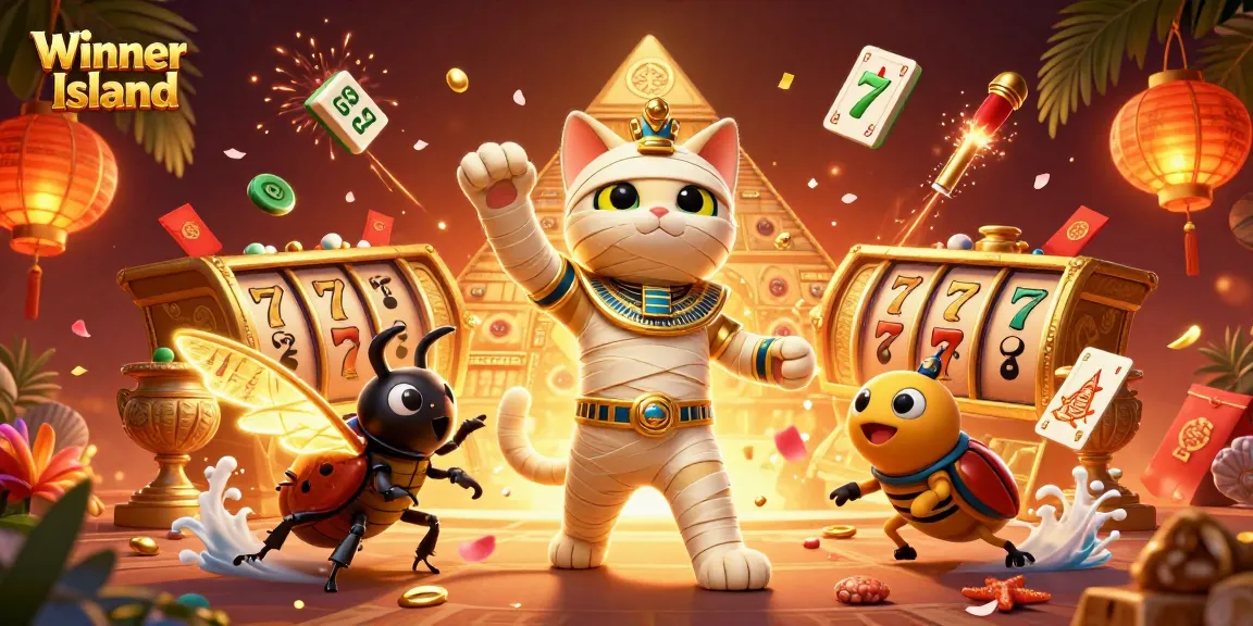Unleash your luck at Winner Island casino with colorful slot reels and Egyptian-themed characters.