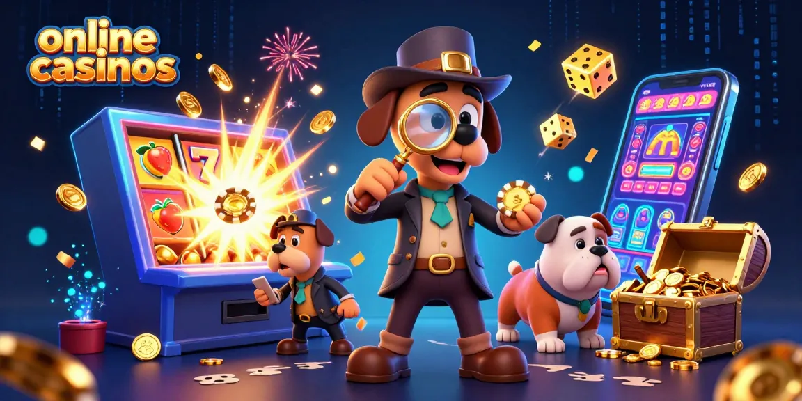 Explore exciting online casinos with a detective and bulldog discovering hidden treasures and jackpots.