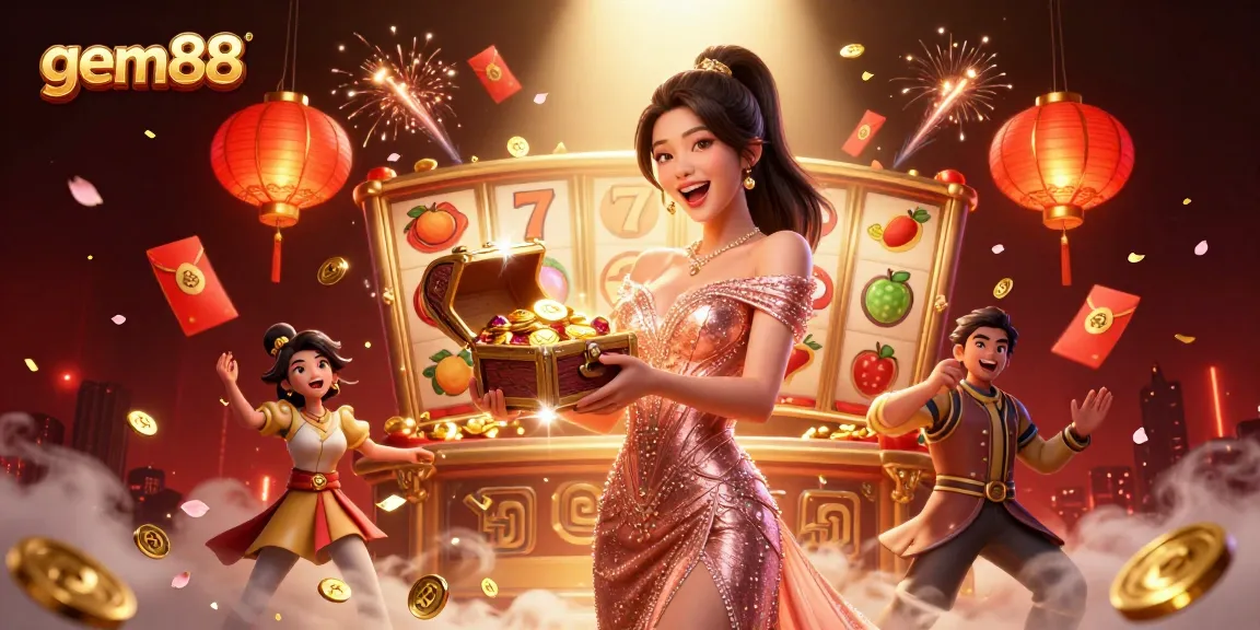 Spin the reels at gem88 and uncover treasures with golden coins, vibrant slots, and joyful festivities.