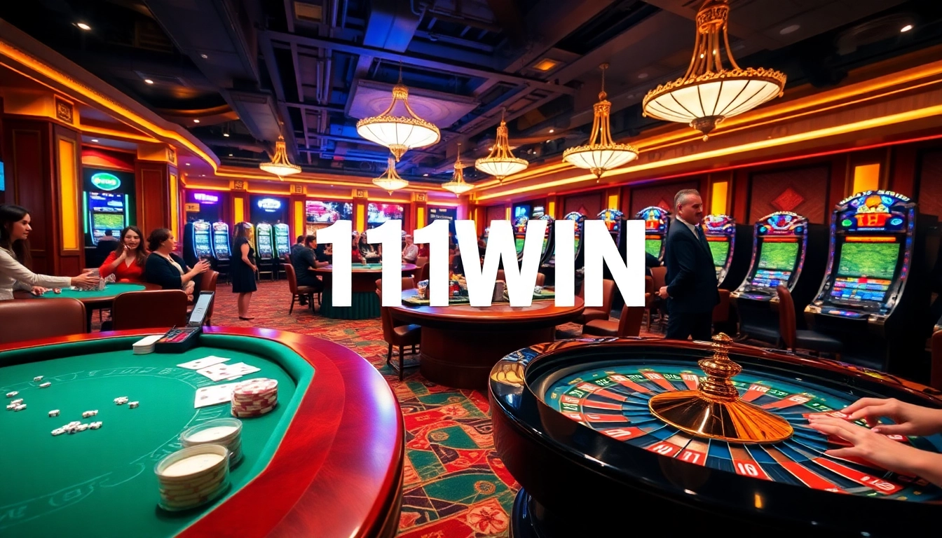 11WIN casino scene featuring vibrant tables, chips, cards, and excited players.
