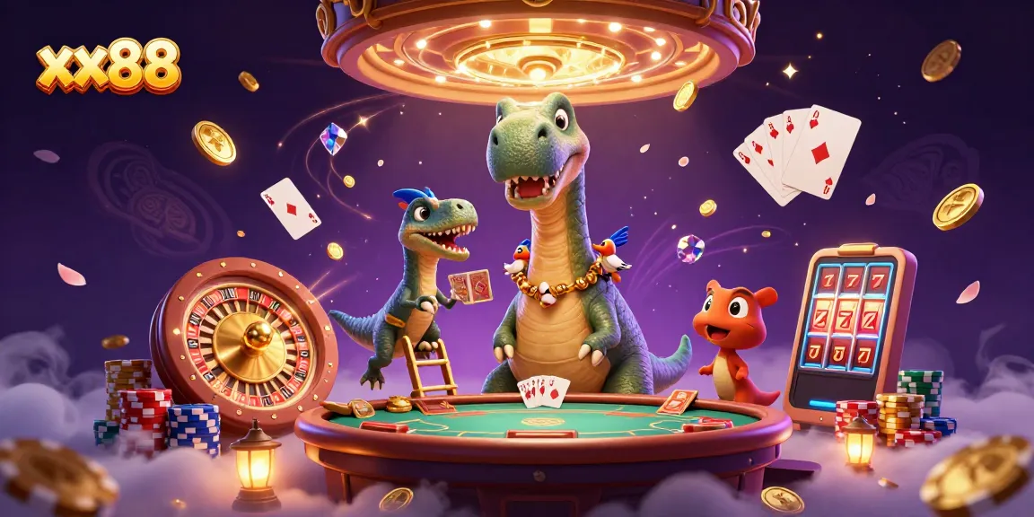 Win big with xx88's dynamic casino scene featuring enchanting cartoon dinosaurs.