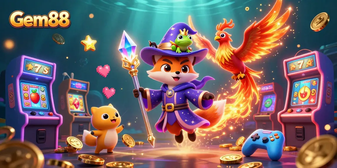 Play thrilling slots with Gem88, featuring magical wizards and casino excitement in vibrant 3D.