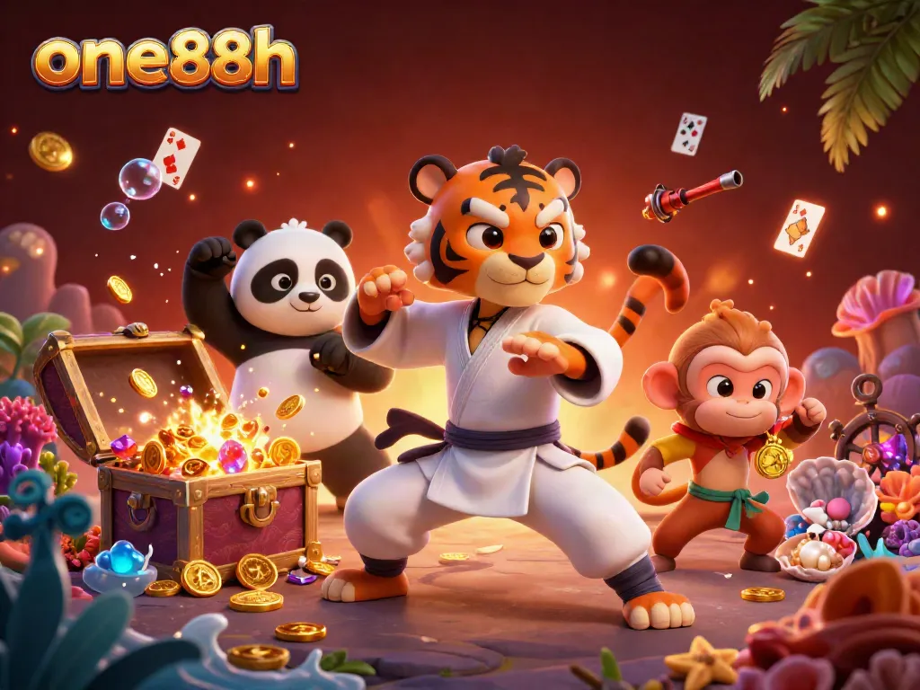 Engaging scene where one88h shows a kung fu tiger master and panda disciple in a vibrant casino atmosphere.