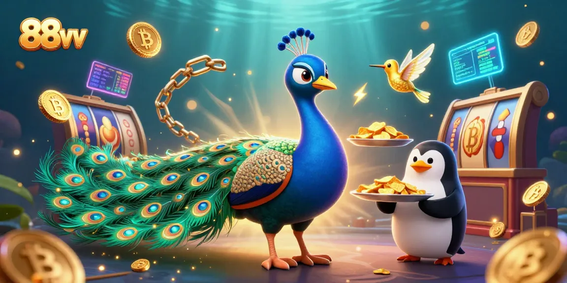 Engage with 88vv's vibrant online casino experience featuring a peacock and penguin surrounded by exciting game elements.