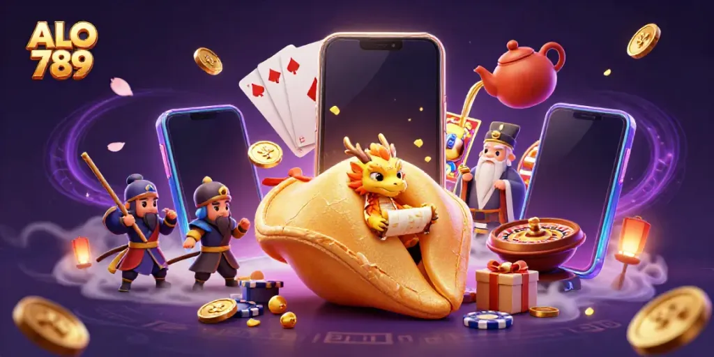 Engage in thrilling gameplay with ALO 789's vibrant slot games amidst golden dragon guardians and fortune cookies.