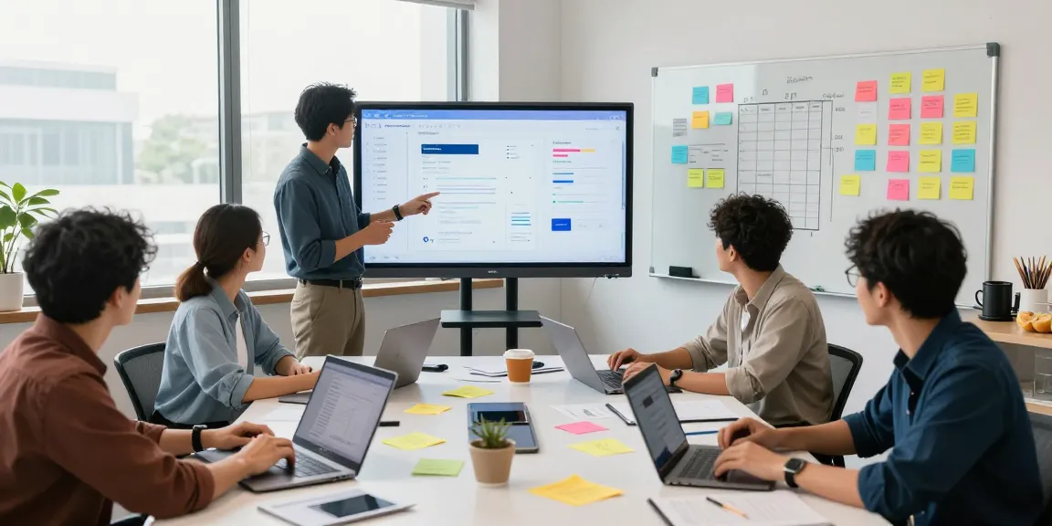 Build internal tools with AI in a collaborative workspace, showcasing team members engaging in a productive meeting with laptops and prototypes.