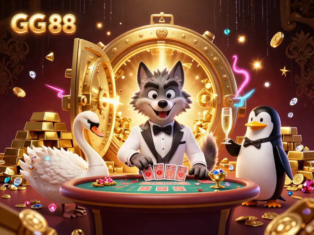 Experience the excitement of GG 88 casino with a wolf, swan, and penguin at a baccarat table surrounded by treasures.