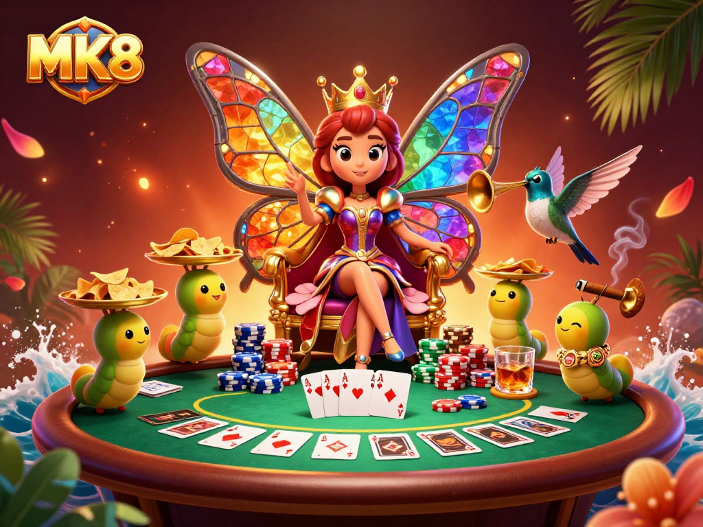 Experience exciting poker action at MK8 with a lively casino scene featuring vibrant characters and gameplay elements.