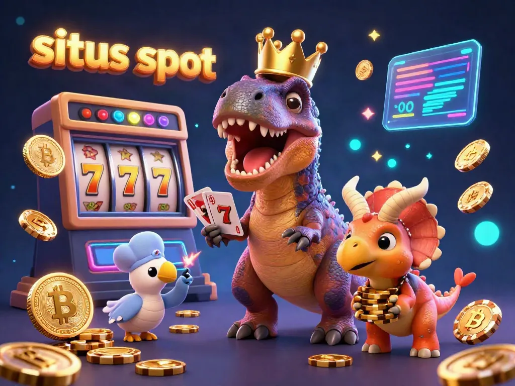 Engage with situs slot and jackpot excitement from a colorful cartoon casino scene with friendly dinosaurs.