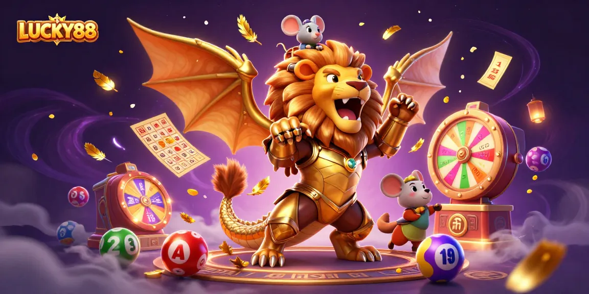 LUCKY88 captures the thrill of gaming with a vibrant 3D illustration showcasing dynamic lottery elements and characters.