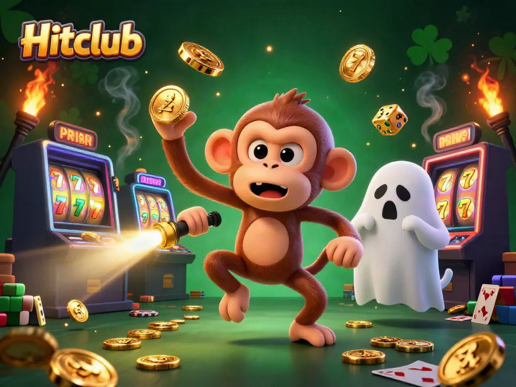 Engage with Hitclub's thrilling slots, as a mischievous monkey showcases golden coins in a vibrant casino.