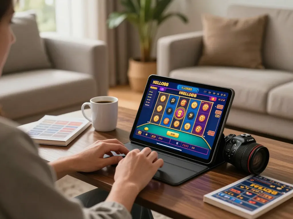 Player exploring HELLO88 online gaming on a tablet with cozy surroundings and strategy notes.