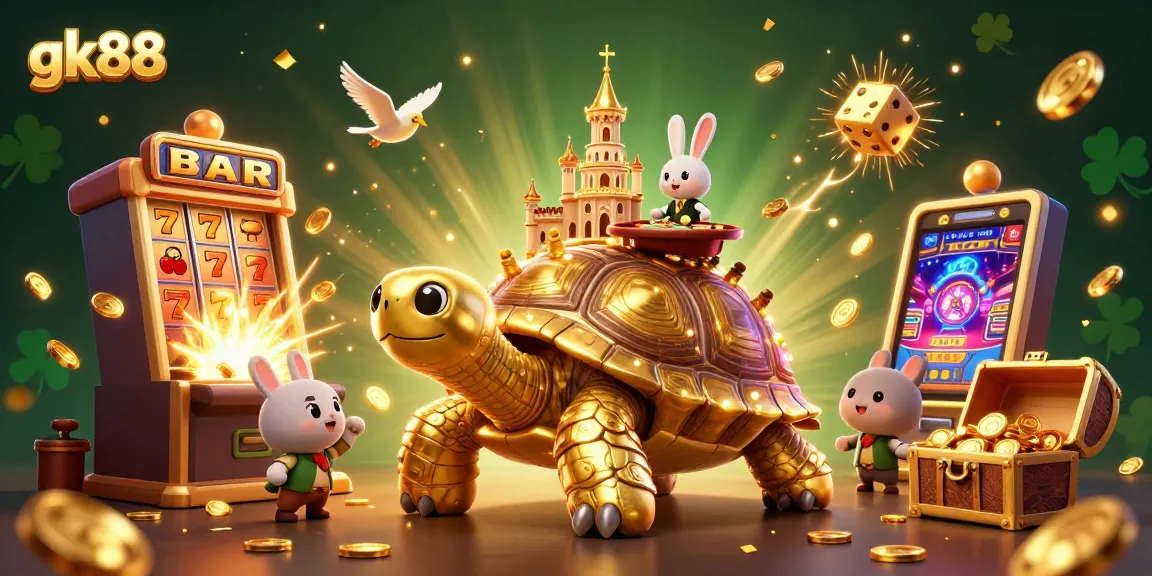 Experience vibrant gk88 casino excitement with a golden tortoise and lively gaming elements.