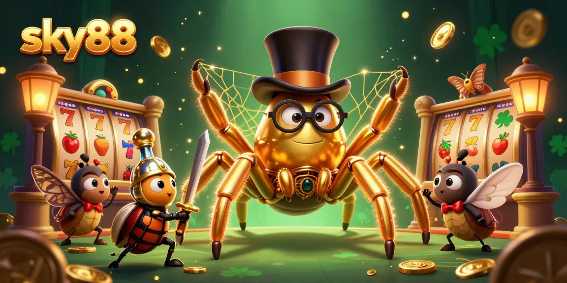 Experience excitement at sky88 with a giant golden tarantula spinning golden web among thrilling slot machines.
