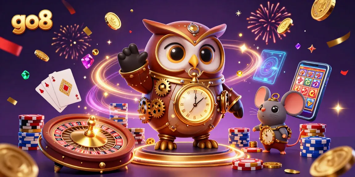 Experience excitement at go8 with a cartoon owl in a steampunk casino scene, spinning roulette and flying coins.
