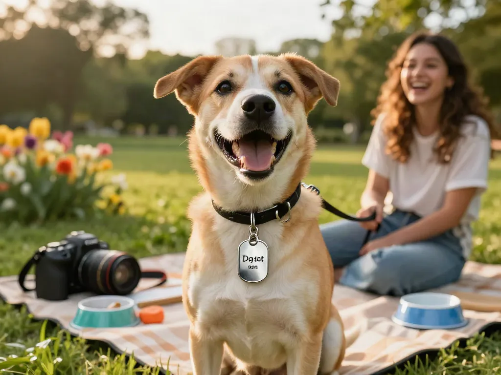 Gepersonaliseerde hondenpenning met naam en telefoonnummer op een blije hond in het park